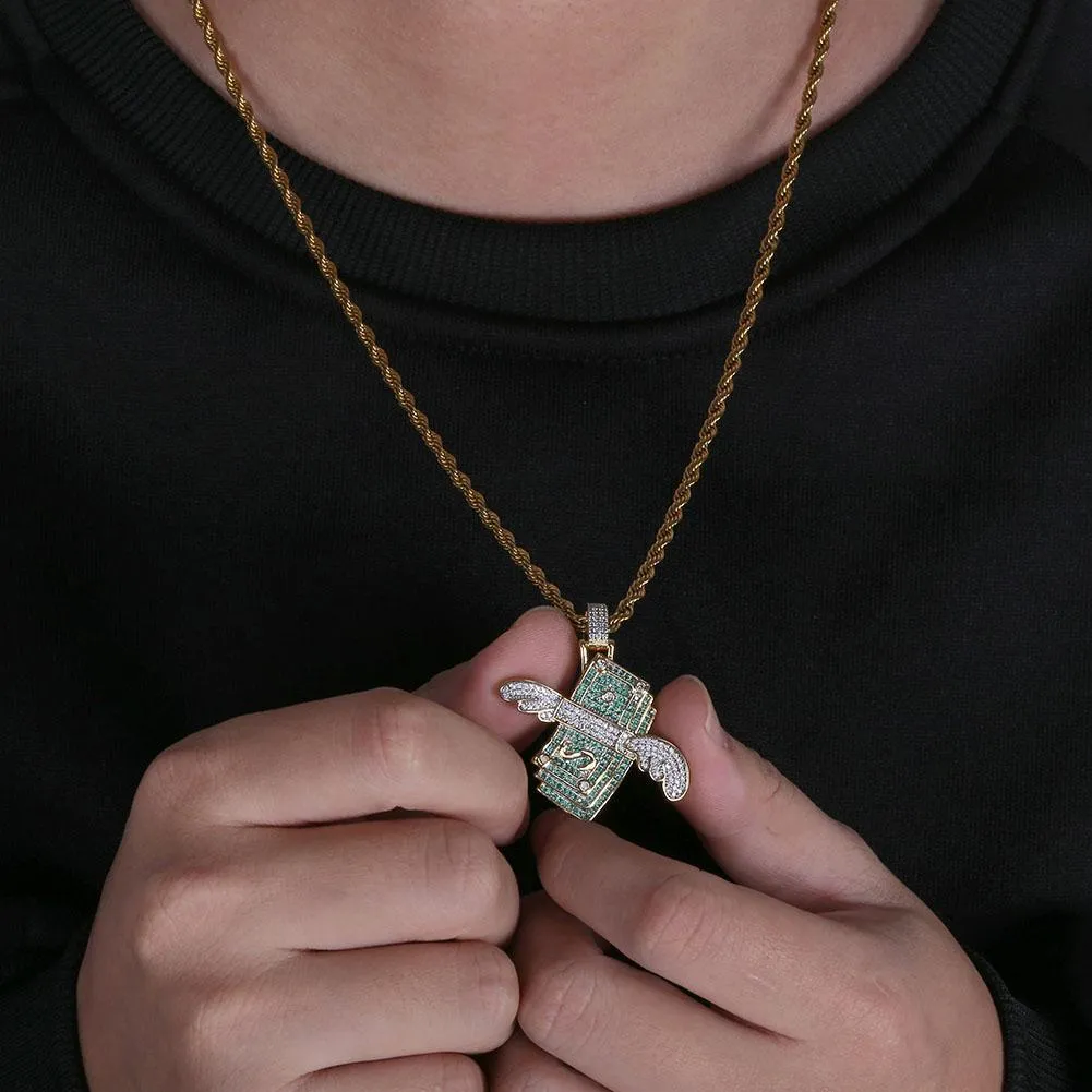 Nuova collana ghiacciata Flying Cash Solid Pendant Collane da uomo personalizzate Hip Hop Oro Argento Colore Charm Catene da donna_voghion.com