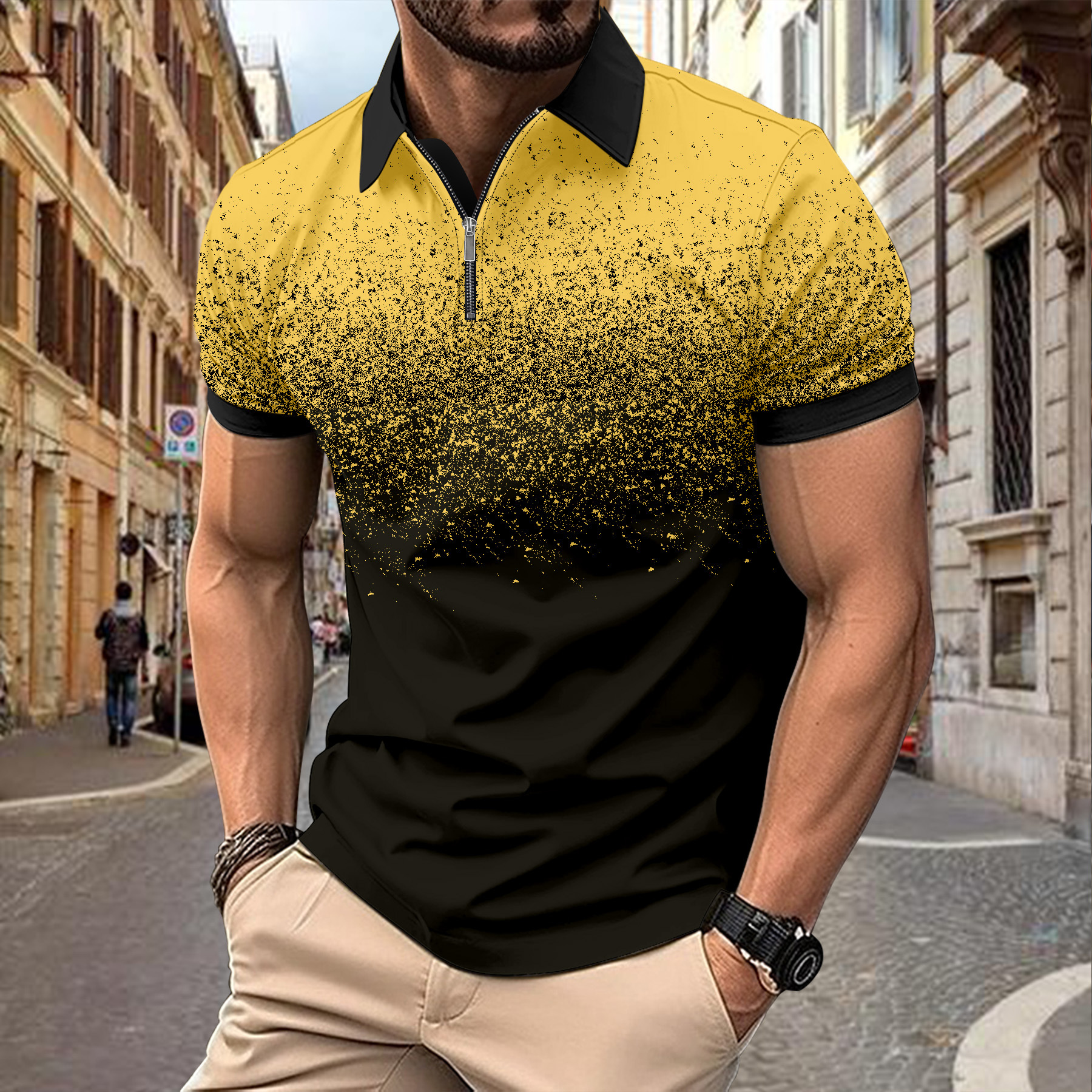 2024 Summer Fast Selling Flat Cloth POLO Zipper Men's Printed Stripe Polo Shirt_voghion.com