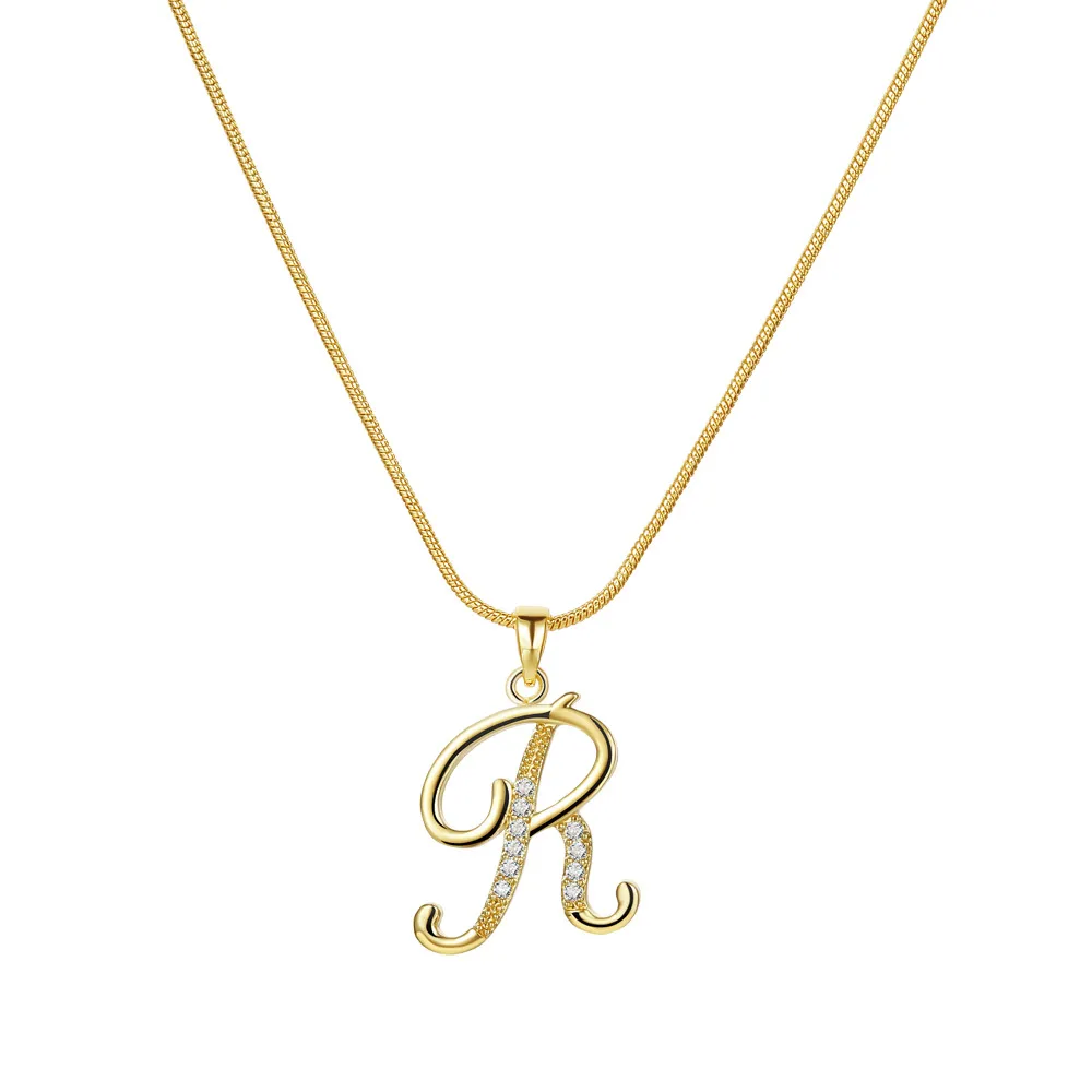 Colliers pendentifs personnalisés CZ A-Z Alphabet Collier Bijoux Plaqué Or Lettre Initiale Cursive Vieil Anglais_voghion.com