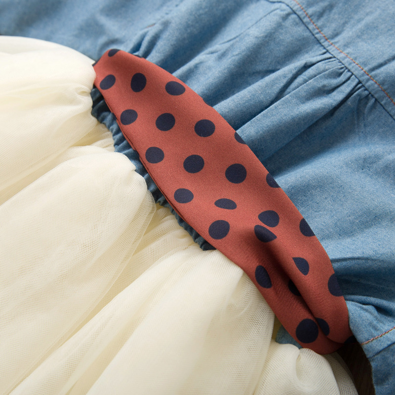 Kinderkleidung Frühling und Herbst Jeanskleid für Mädchen Kindermode Langärmliger Jeansgazerock Gepunkteter Gürtel_voghion.com