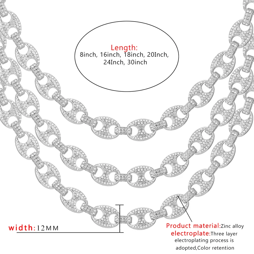 Gargantilla de cadena de eslabones y pulsera con diamantes de imitación y circonita cúbica helada en forma de grano de café brillante para hombre, joyería de estilo hip hop_voghion.com
