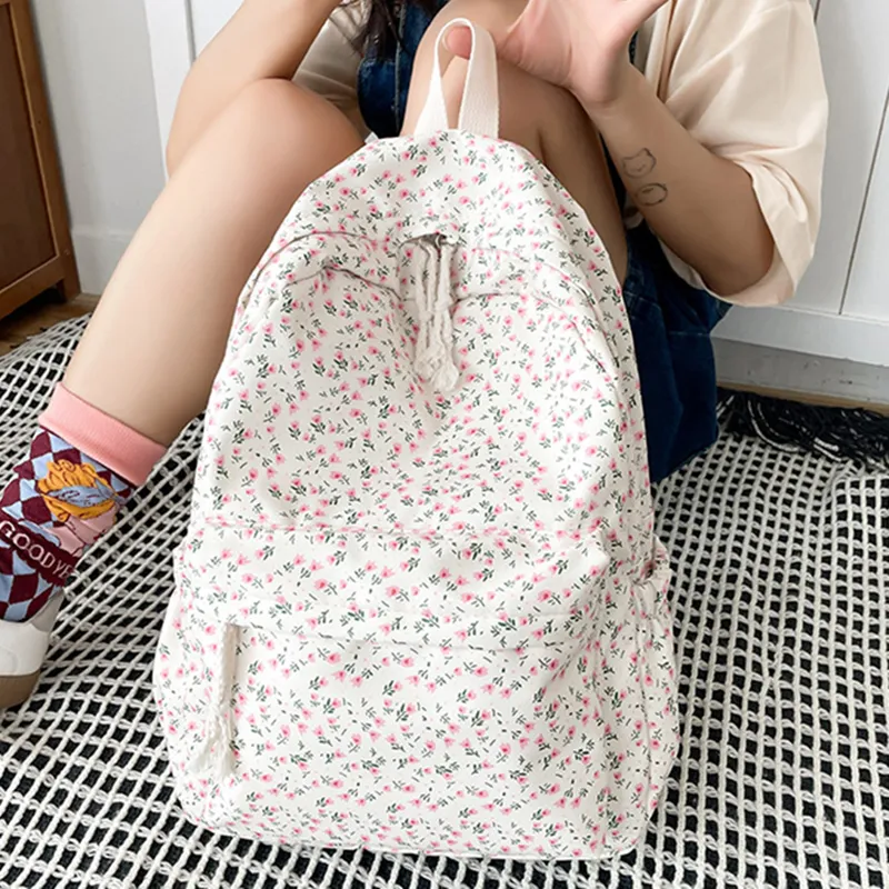 Korean Version Nylon Floral Flower Fashion Junior High School Backpack Travel Bag_voghion.com