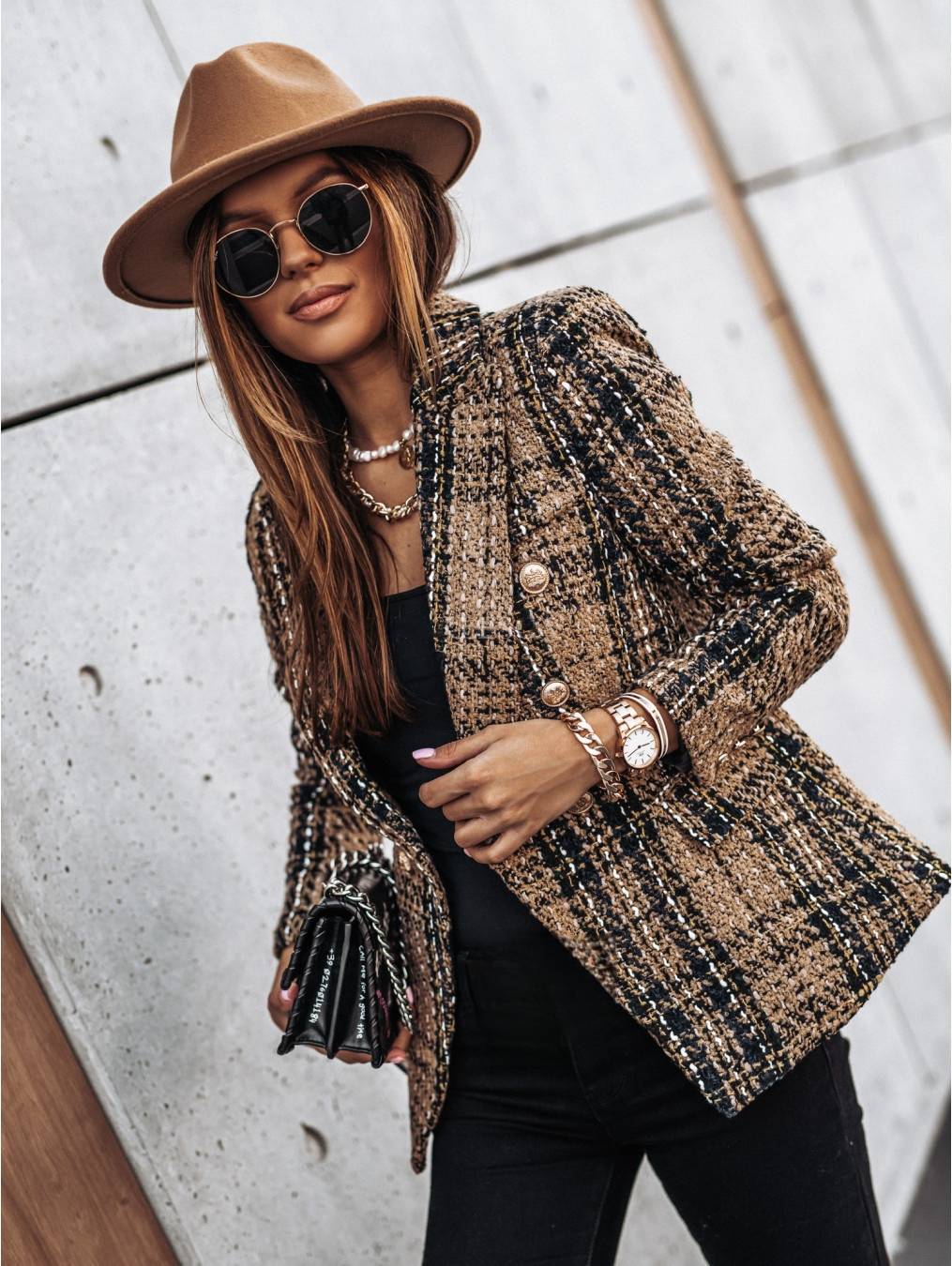 Ropa de mujer Otoño e invierno Chaqueta pequeña estampada con cuello de traje cruzado de manga larga