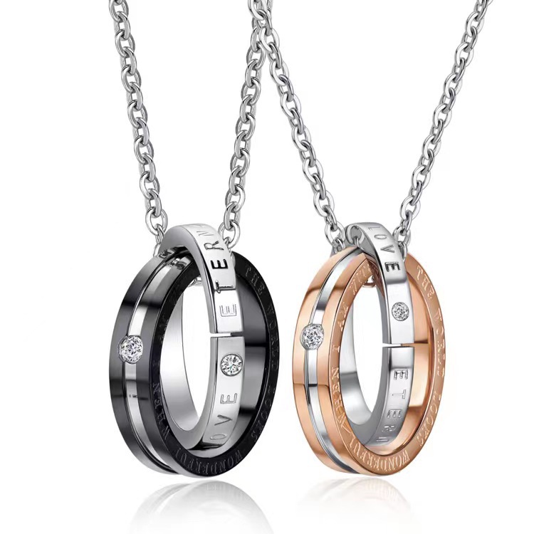 Inlaid stone round rhinestone double circle necklace titanium steel double ring pendant fashionable and versatile a pair of couple necklaces
