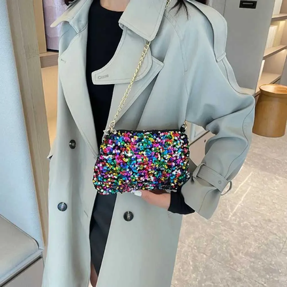 Chain cross body solid color Korean sequin shoulder bag mobile wallet Y241019_voghion.com