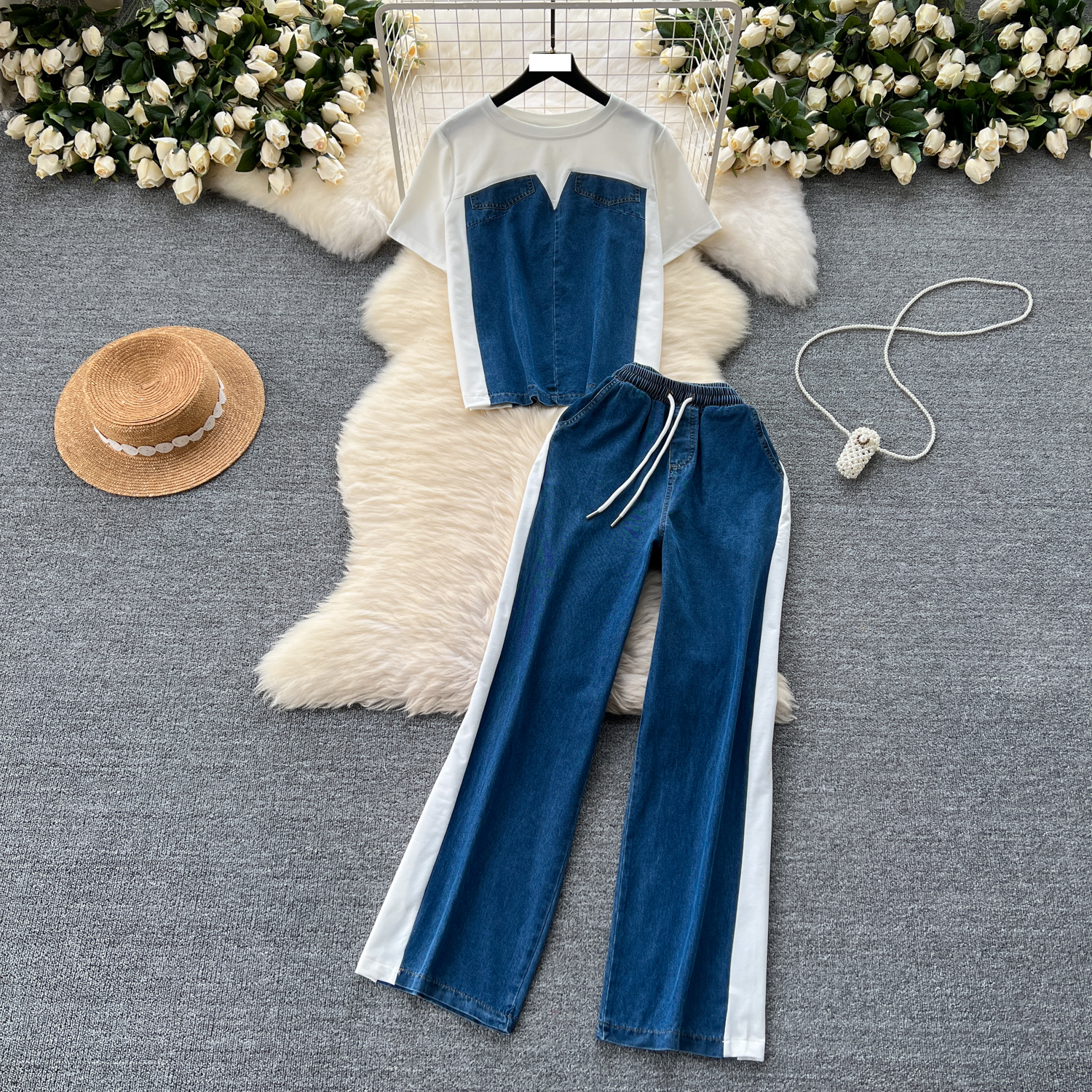 Traje de mujer Clothin estilo Hong Kong para mujer, camiseta de manga corta de diseño, top de mezclilla con retazos + pantalón recto informal de cintura alta, traje de dos piezas