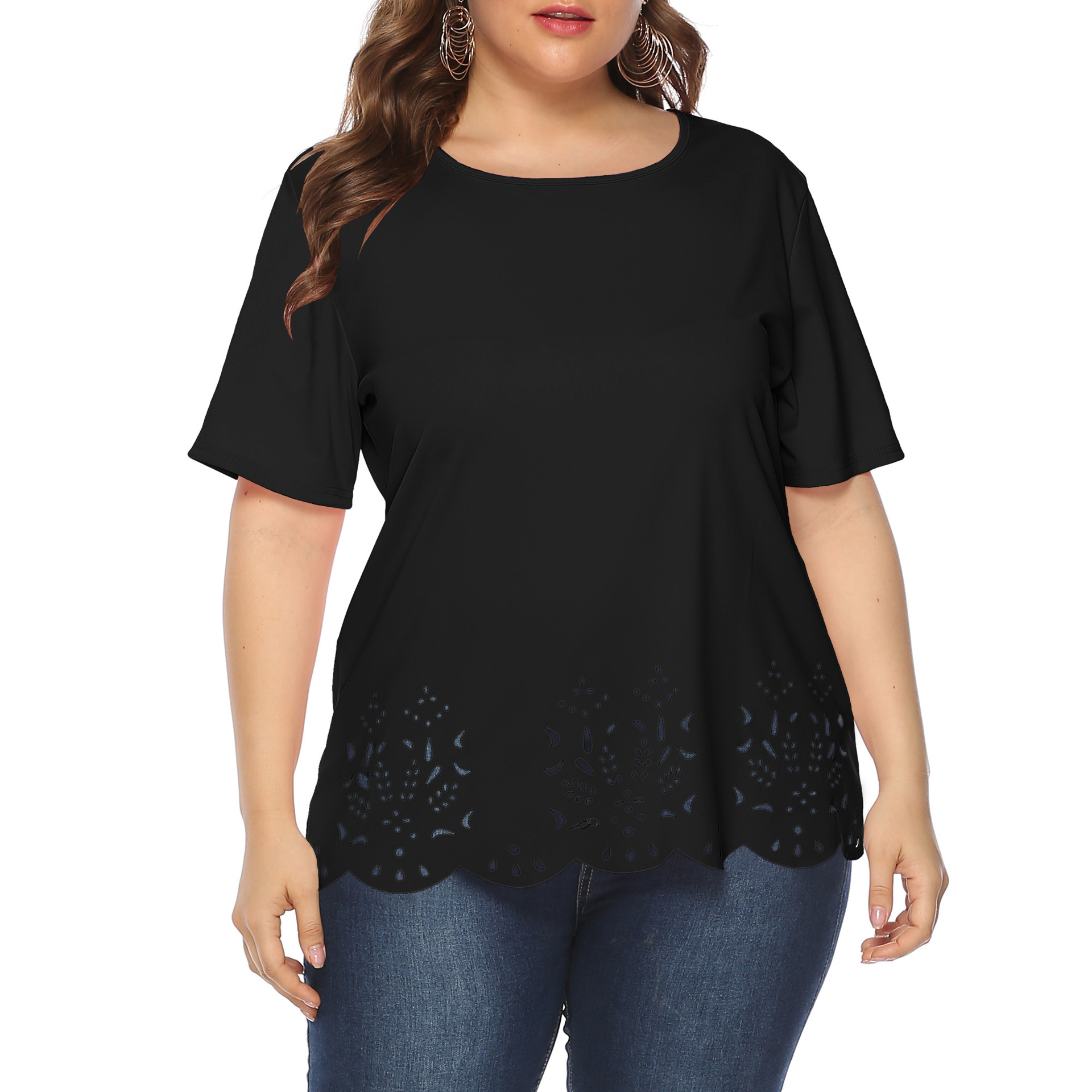Women's tops large size women's clothing solid color burnt flower hollow wave edge casual short-sleeved T-shirt_voghion.com