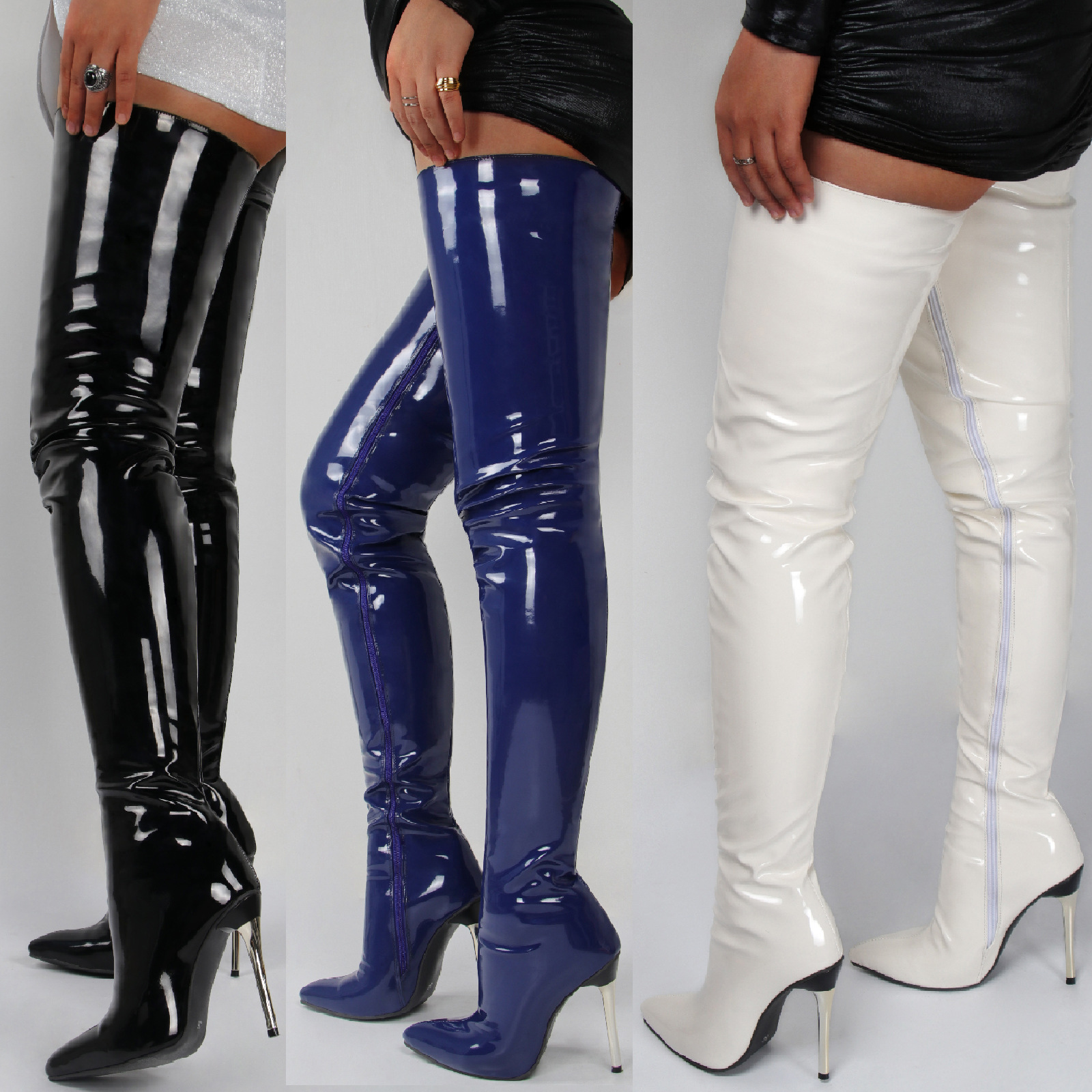 2021 Winter New European and American Style Sexy Pointed Side Zipper Patent Leather High Heel Over-the-Knee Boots Large Size Leather Boots for Women