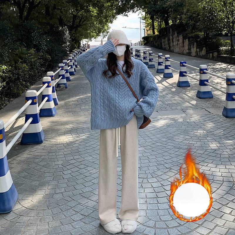 Pantalon tricoté rose imitation cachemire pour femme, automne et hiver, velours épais, taille haute, drapé, ample, décontracté, droit, jambes larges_voghion.com