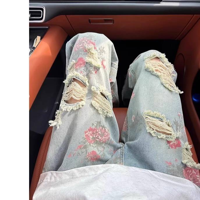 Men's Floral Distressed Jeans Loose Straight Cut Ripped Denim_voghion.com