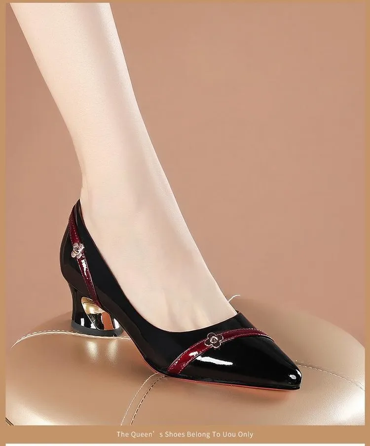 Sapatos femininos de couro fino, salto grosso, temperamento versátil, boca rasa, antiderrapante, trabalho, sapatos individuais, sem salto_voghion.com