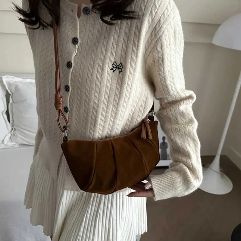 Elegant Suede Half Moon Shoulder Bag Versatile Retro Crossbody Bag_voghion.com