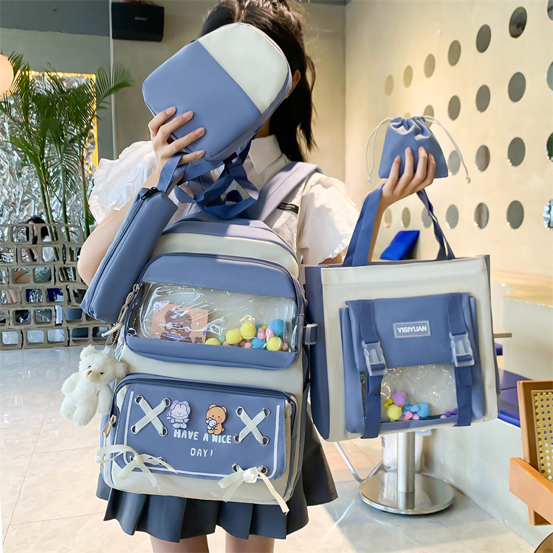 Kids & Baby’s Bags new student schoolbag cute contrast color backpack high school junior high school student five piece backpack wholesale