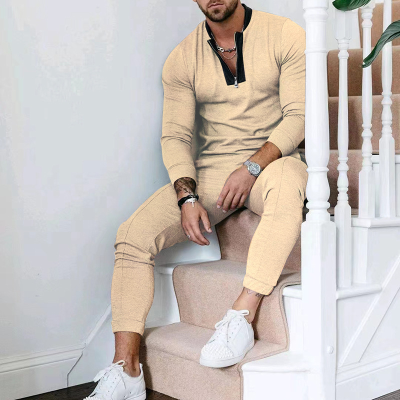 Men's Spring and Autumn 2024 Waffle Trouser Sweater Spliced Stand up Neck Zipper Sports Set_voghion.com