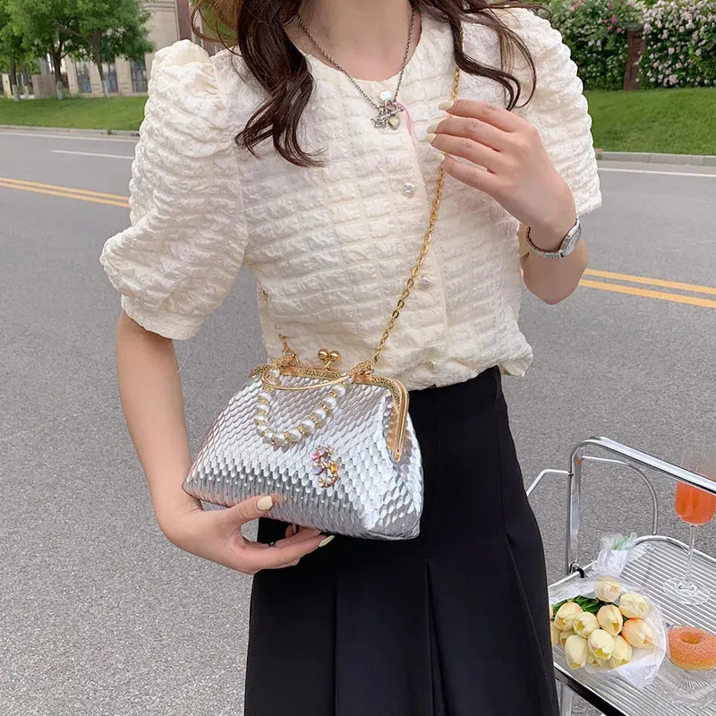 Sacs à bandoulière en argent doré pour femmes, pochette de soirée en perles, chaîne, clip, sacs à main de fête 240821_voghion.com
