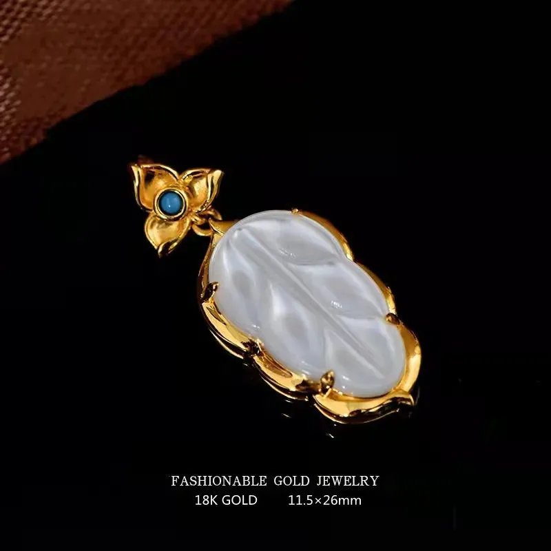 RUIYI Echter weißer Perlmutterfalter-Anhänger, reines AU750-Gold, Zweig-Jadeblatt-Halskette für Damen, exquisiter Schmuck, Geschenk 240618_voghion.com