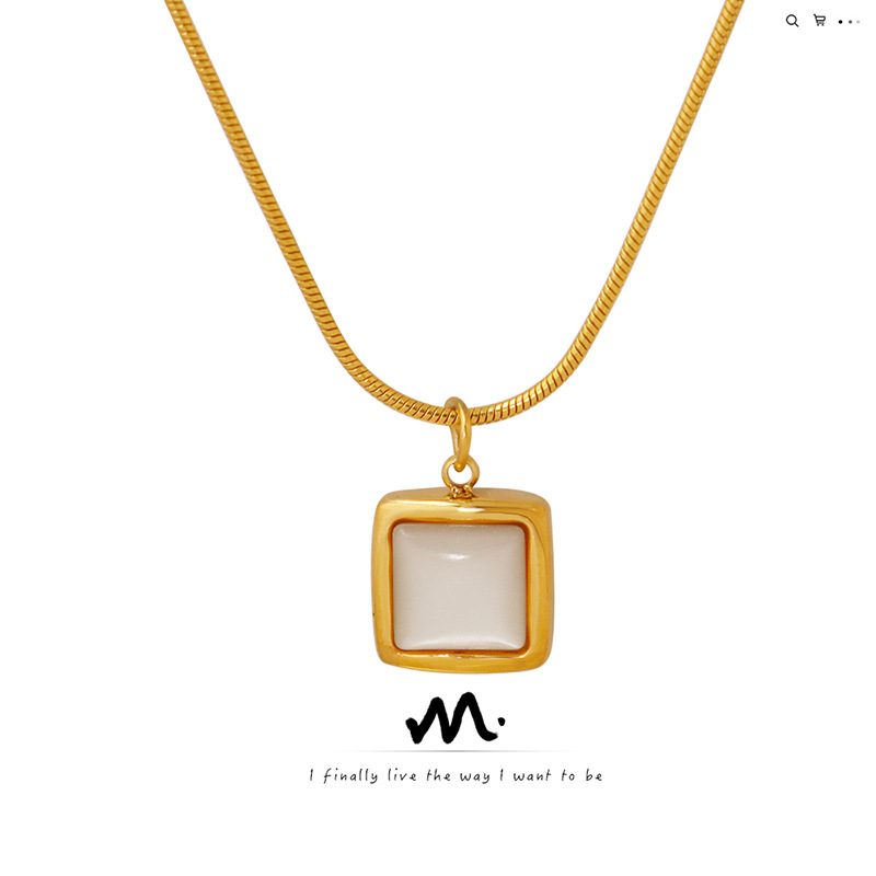 French Instagram Cool Wind Square White Sea Shell Pendant Necklace with Small Design Titanium Steel Gold Plated Round_voghion.com
