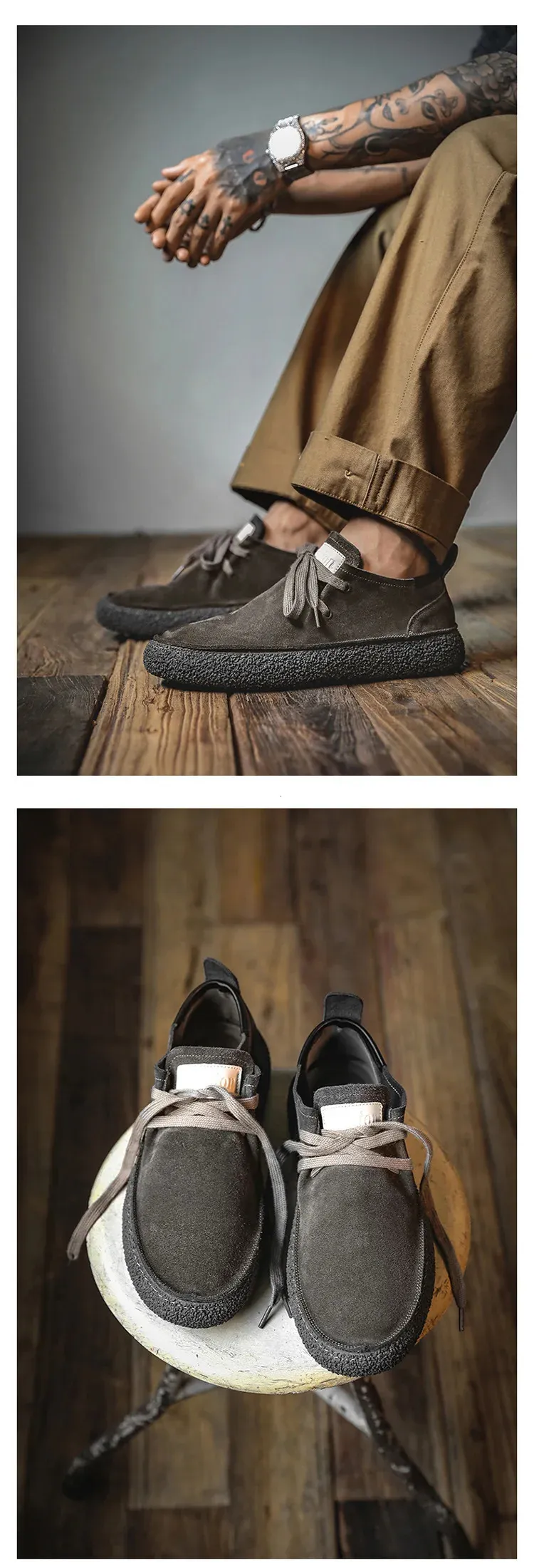 Mocassins plats confortables et décontractés à lacets faits à la main en cuir de vachette suédé de qualité pour hommes_voghion.com