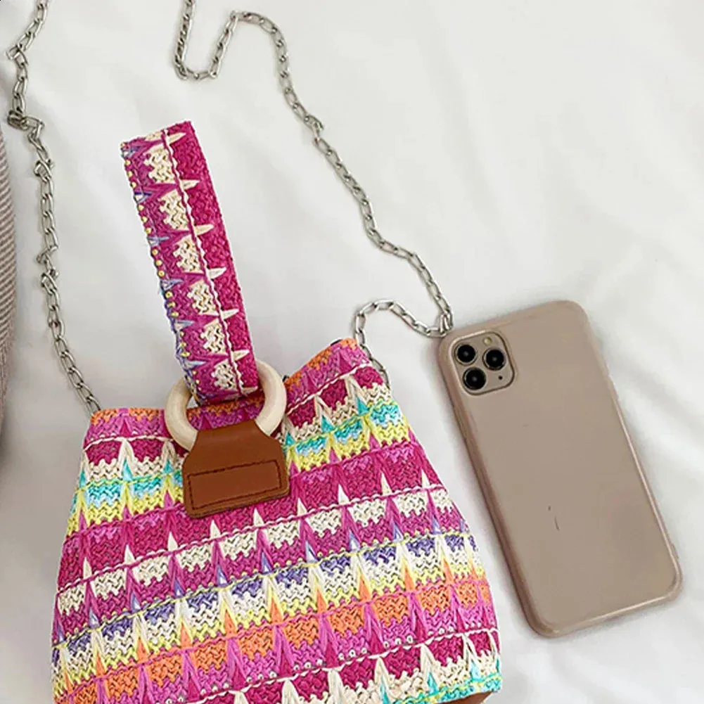 Sommer-Stroheimer für Damen, Handtasche, Rattan, Strand, Boho, lässig, bunt, gewebter Griff, Schultertasche, Umhängetasche, Handytasche_voghion.com