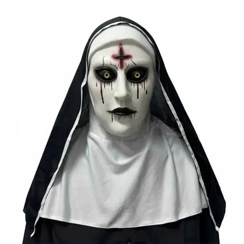 Läskig latexmask med korshalsband och huvudbonad Halloweenfest maskerad nunnadräkttillbehör Y240829_voghion.com