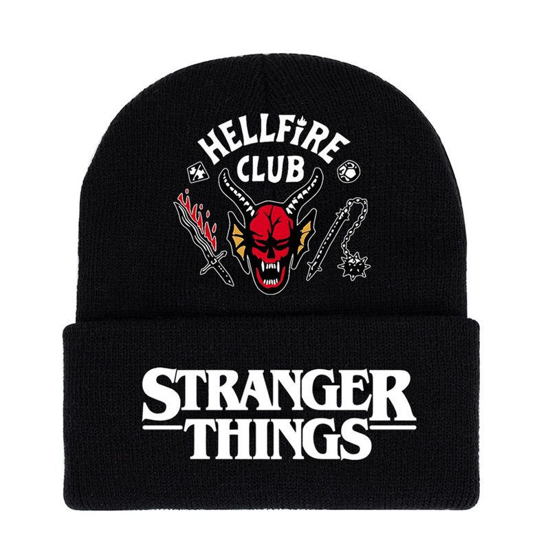 Zhuoxinder Säumen Verdickte Warme Strickmütze Stranger Things 4 Hellfire Club Druck Unisex Beanie Cap Täglich_voghion.com