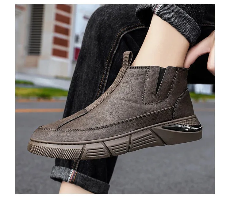 Tendance mode printemps bottes de travail anglaises haut de gamme chaussures décontractées mi-mollet polyvalentes pour hommes matériau PU imperméable 240629_voghion.com