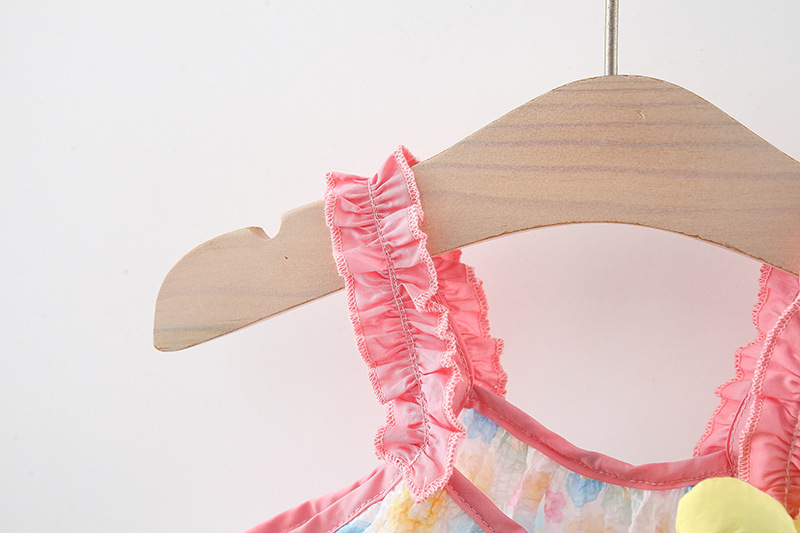 Neues Sommerkleid für Mädchen, rosa, Strand, lässig, bequem, mit Riemen, fragmentiertes Blumenkleid, Fliege, Netz, gefaltetes Strandkleid_voghion.com