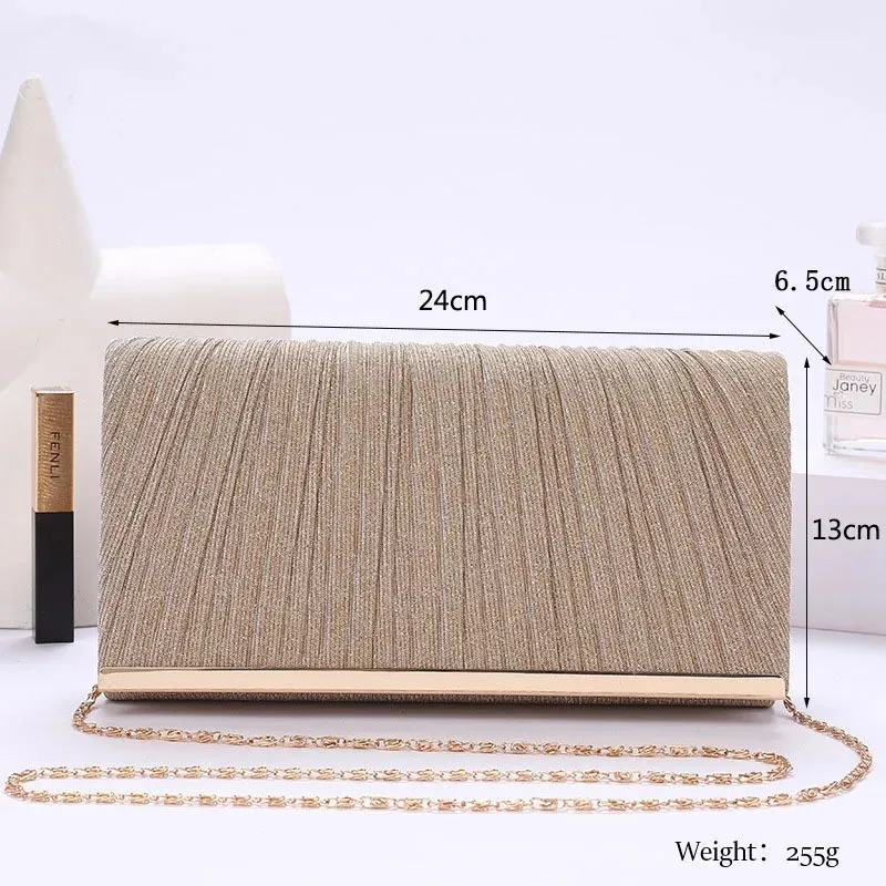 Womens Pleated Sequin Evening Clutch Wedding Purse Bride Handbag Chain Crossbody For Banquet Party Dinner Bag 240807_voghion.com