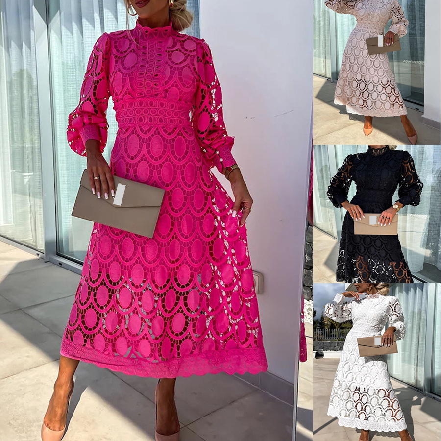 Women's Clothing spring and summer new lace stand-up collar casual dress INS loose holiday zipper dress