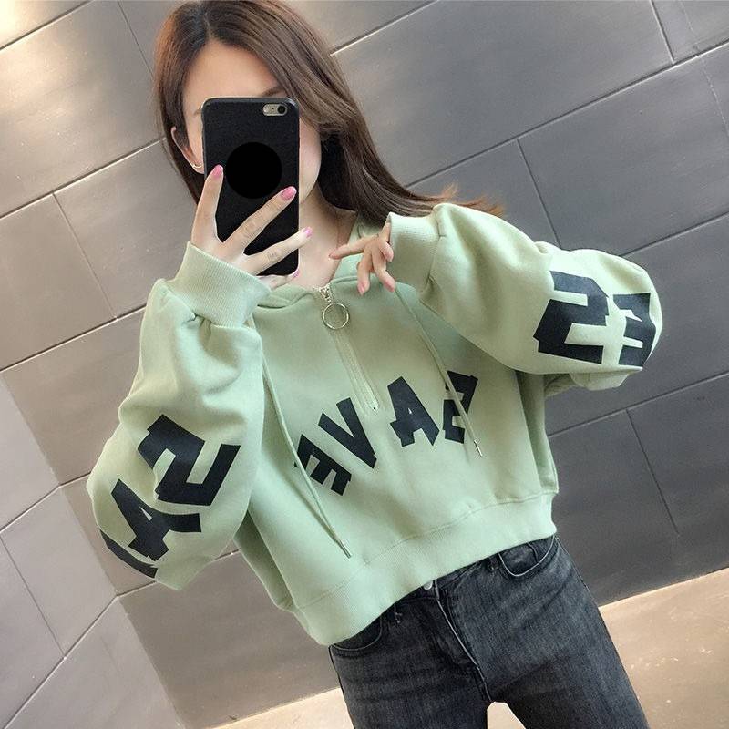 Women's Clothing Half Zip Hooded Cropped Short Sweatshirt For Petite Women, New Early Autumn Style, Thin, High Waisted, Trendy And Stylish._voghion.com