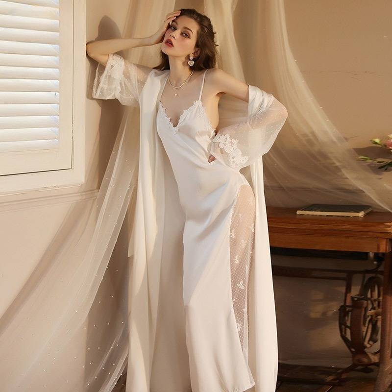 Ropa de dormir para mujer Camisón de seda de hielo sexy Bata de baño extra larga Pijama de mujer de manga larga Conjunto de ropa de hogar de satén fino para mujer_voghion.com