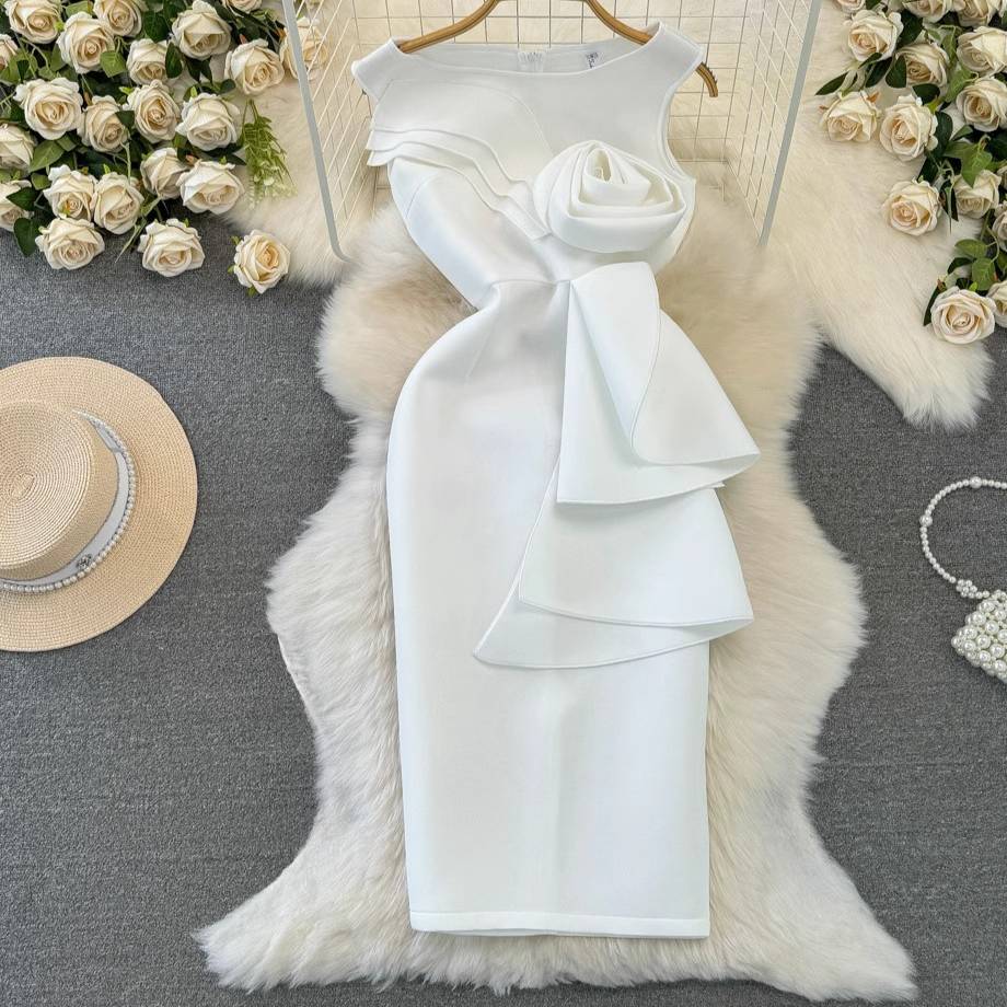 ​​"Women's Elegant 3D Floral Sheath Dress, High-Waisted Bodycon Midi Dress With Spandex Stretch, Off-Shoulder Sleeveless Cocktail Dress_voghion.com