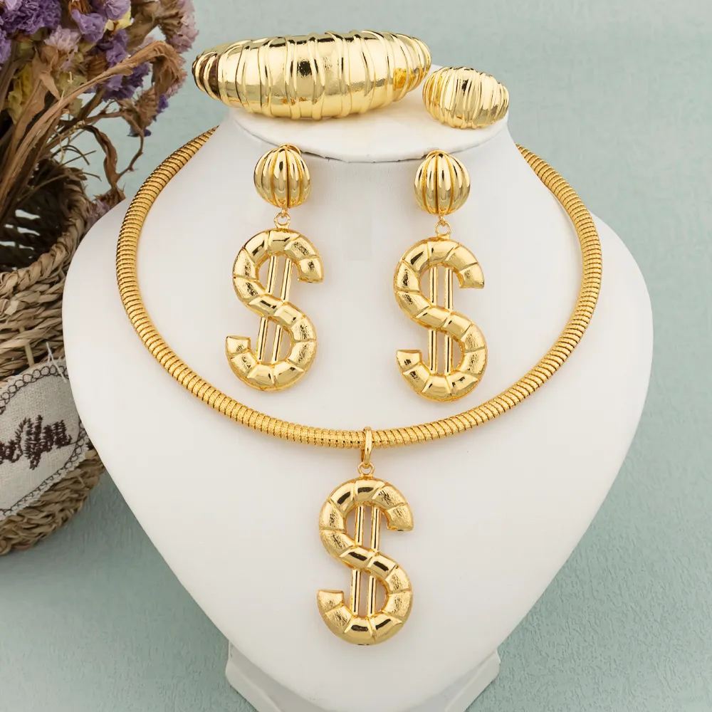 Sets Water Drop Earrings Necklace Jewelry Set Women Indian Dubai Gold Color Bracelet Ring for Wedding Bride Clothing_voghion.com