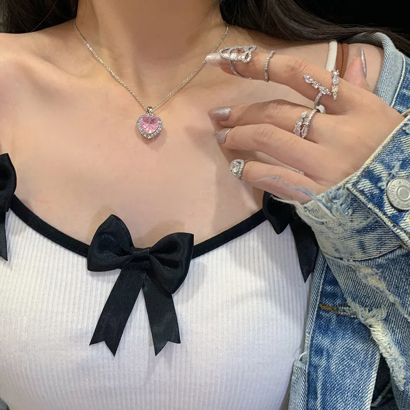 Collares colgantes de moda coreana con circonita rosa para mujer, gargantilla de cadena de clavícula dulce, joyería vintage Kpop_voghion.com