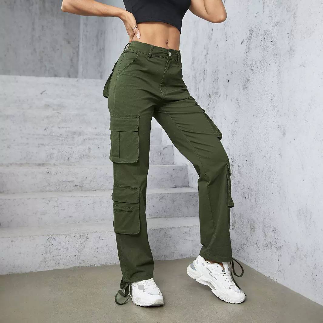 Pantaloni cargo donna a vita alta con sei tasche casual_voghion.com