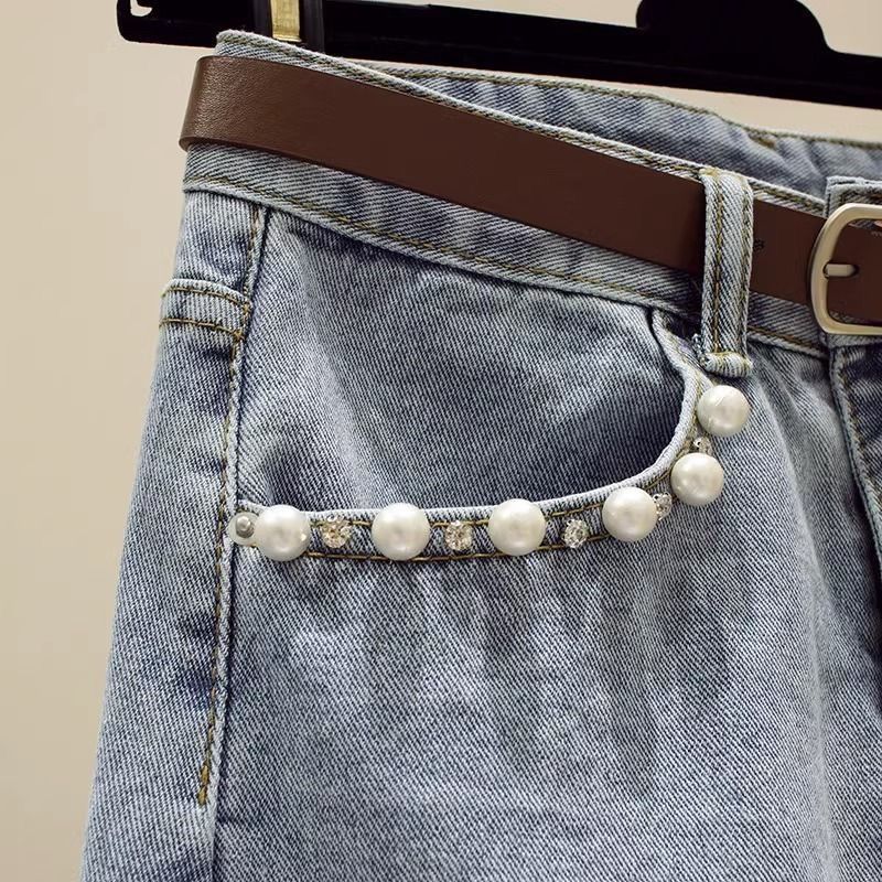 Ensemble deux pièces haut à manches courtes et jupe en jean fendue pour femme_voghion.com