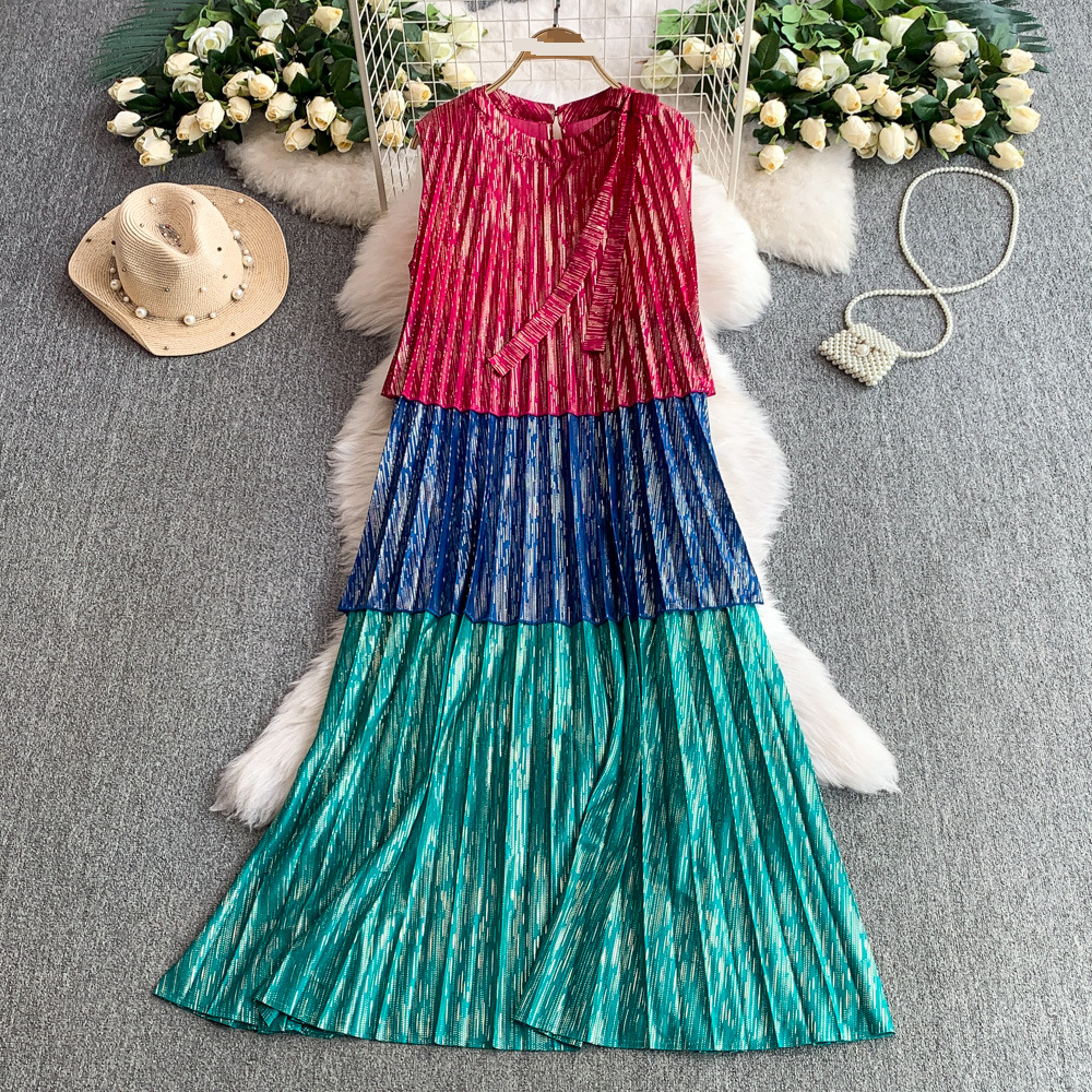 High Grade Hot Stamping Temperament Bow Round Neck Sleeveless Dress Female Summer Contrast Color Loose Slim Pleated Long Skirt