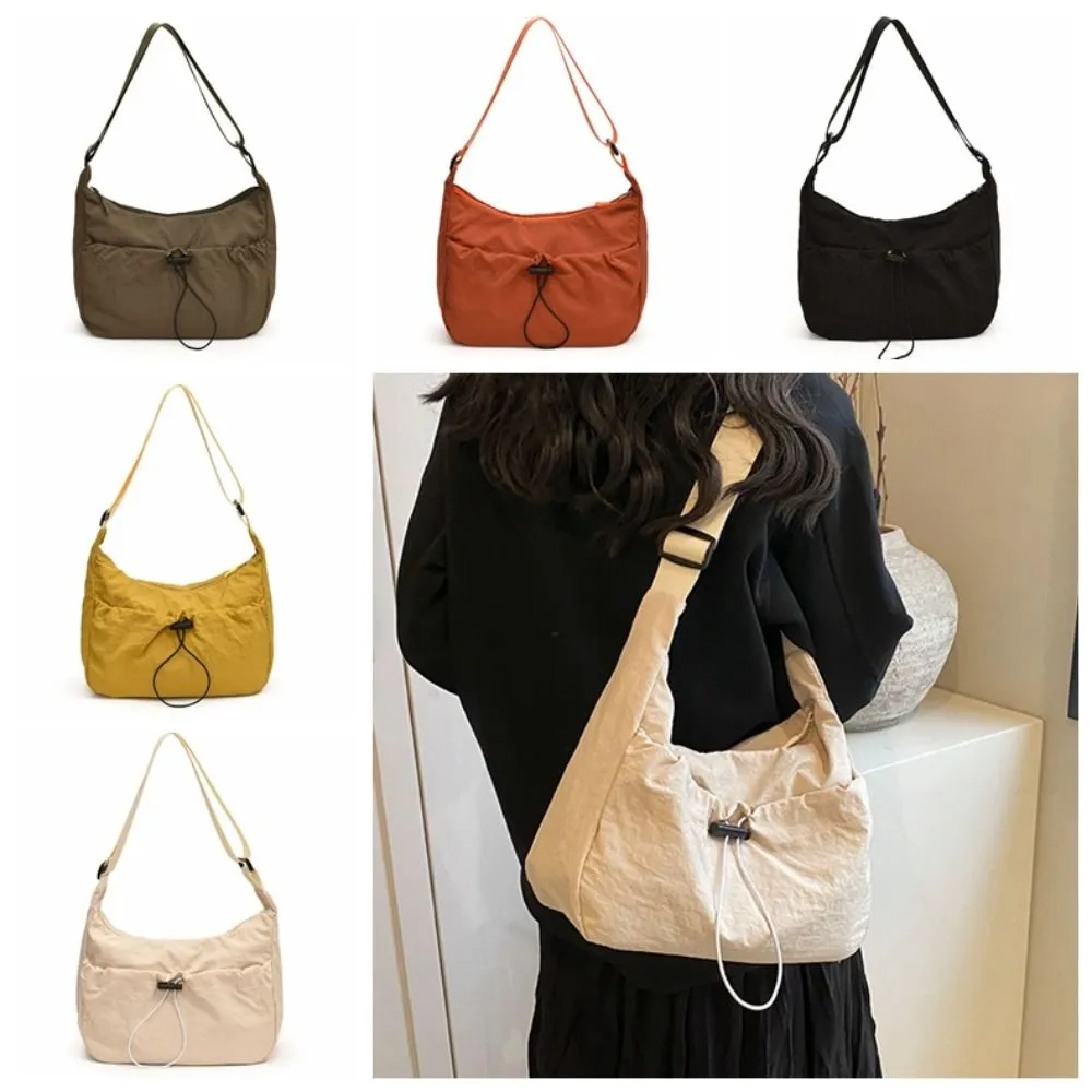 Borsa a tracolla in tela stile coreano con tracolla regolabile in nylon con coulisse e tracolla in tinta unita_voghion.com