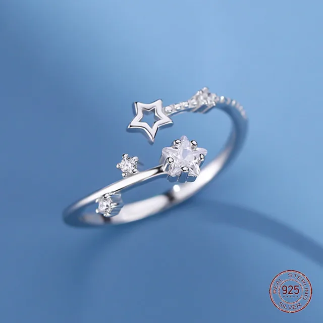 Venta caliente de anillos huecos de circonita con incrustaciones de estrella de plata esterlina para mujeres, anillo de promesa ajustable con dedo índice de tendencia, joyería de matrimonio_voghion.com