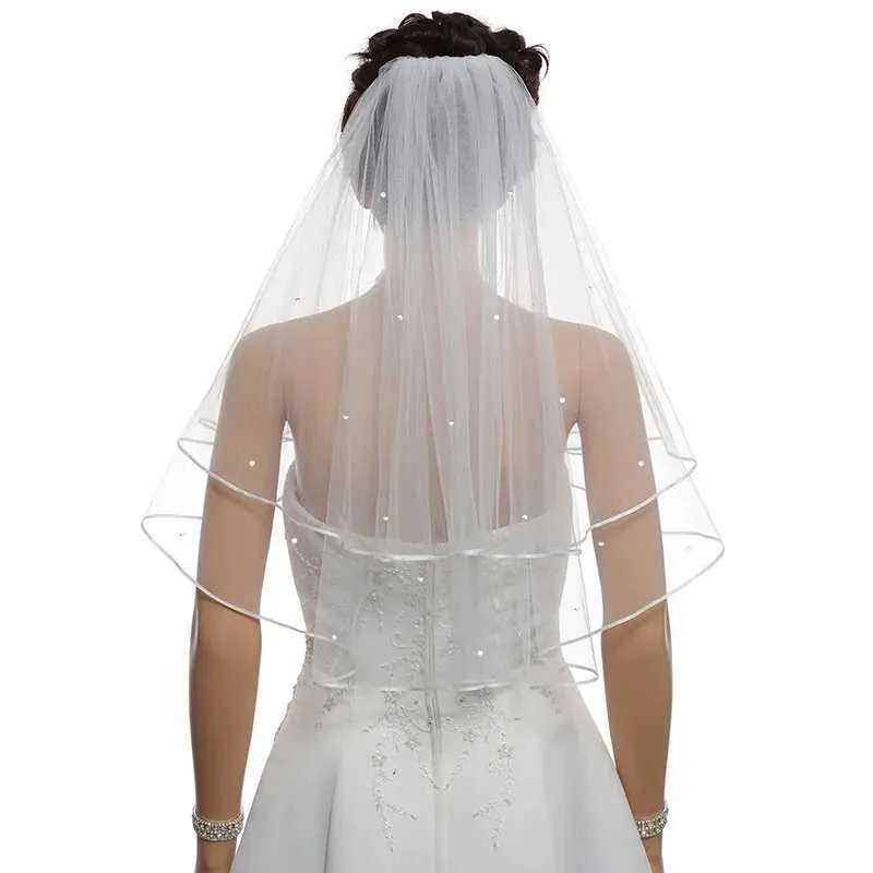 Haarschmuck Heißer Verkauf Mode Stil 2T 2 Tier Ribbon Edge Center Perlen Braut Hochzeit Braut Schleier_voghion.com