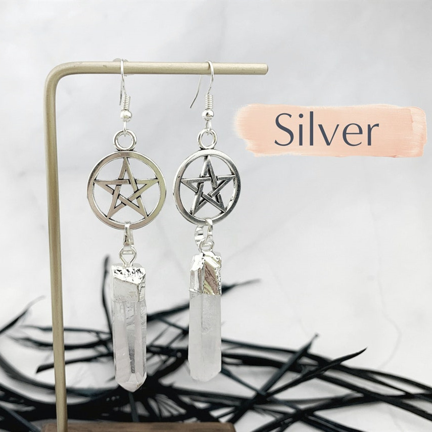 Boucles d'oreilles pendantes en cristal de quartz blanc irrégulier naturel, boucles d'oreilles créoles à pampilles, boucles d'oreilles étoile à cinq branches_voghion.com