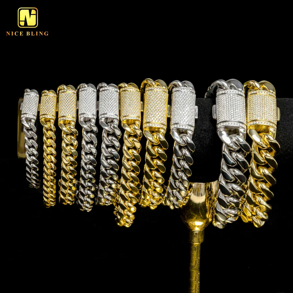 Lanț cubanez Miami, placat cu aur PVD, din oțel inoxidabil, model hip-hop, cu diamant și moissanit, cu gheață, 8 mm, 10 mm, 12 mm, 14 mm, 18 mm_voghion.com