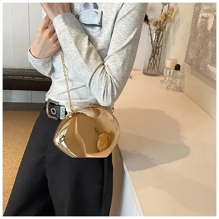 Akryl skallformet clutch gull sier kvinner kveldsfestveske søt skinnende metall skulder crossbody vesker liten veske_voghion.com