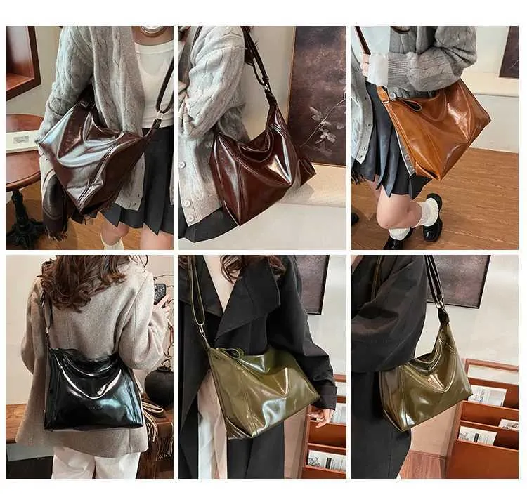 Damen Pu s Solid Glossy Leder Messenger Schultertasche Weibliche Große Kapazität Casual Pendler Umhängetasche_voghion.com