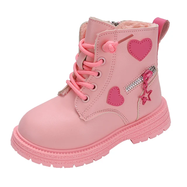 Rosa/schwarzes Leder mit tief ausgeschnittenem, rutschfestem seitlichem Reißverschluss. Winter-Outdoor-Mädchenmode-Baumwollstiefel Sandalias De Mujer_voghion.com