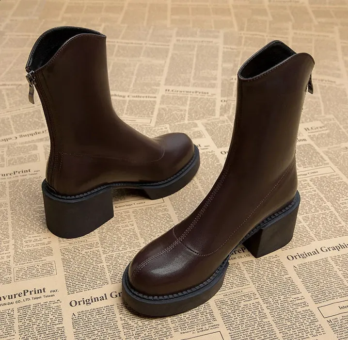 High ankle work very high heels brown short and chubby platform womens waterproof boots black Pu 240911_voghion.com
