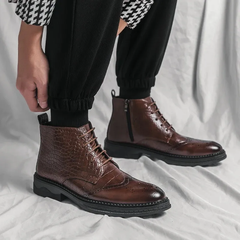 Boots Men Autumn Winter Shoes High-top Mid-tube Trend Thick-soled fashion brogue ankle boots business dress shoes men_voghion.com