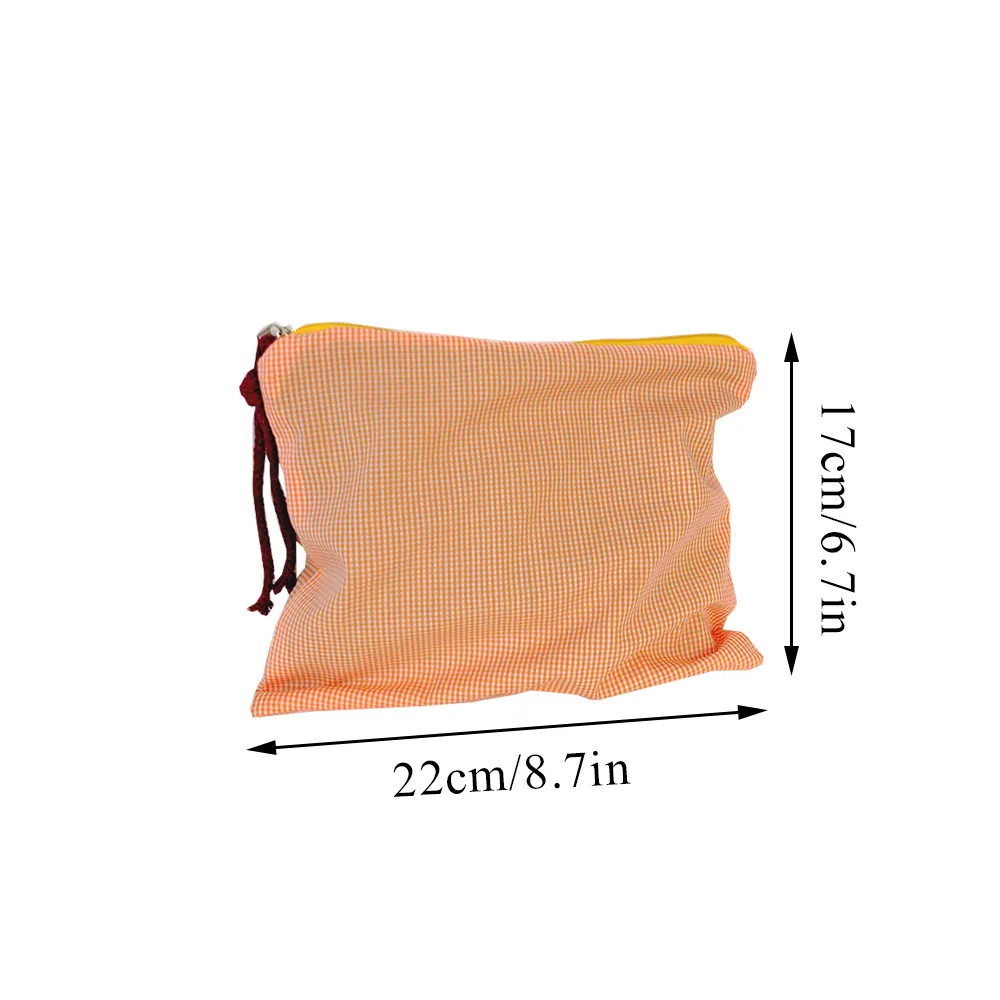 Damen-Make-up-Tasche aus kariertem, einfachem Baumwollstoff, große Kapazität, Federmäppchen, tragbare Reisetasche, große Bad-Kosmetiktaschen_voghion.com