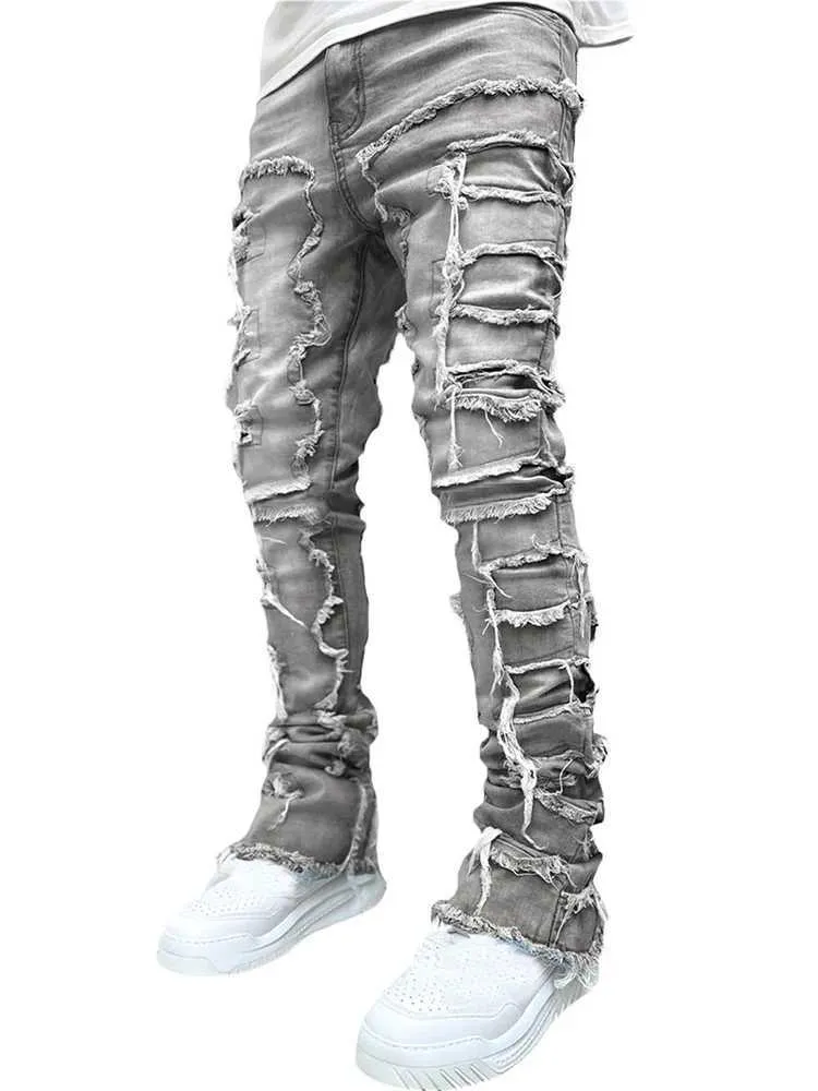 Mens Streetwear Ripped Jeans Fashionable Cool Stretch Pink Stacked Edge Denim Mens Y2K Punk Patch Work Hip-hop Pants_mkmklike.com