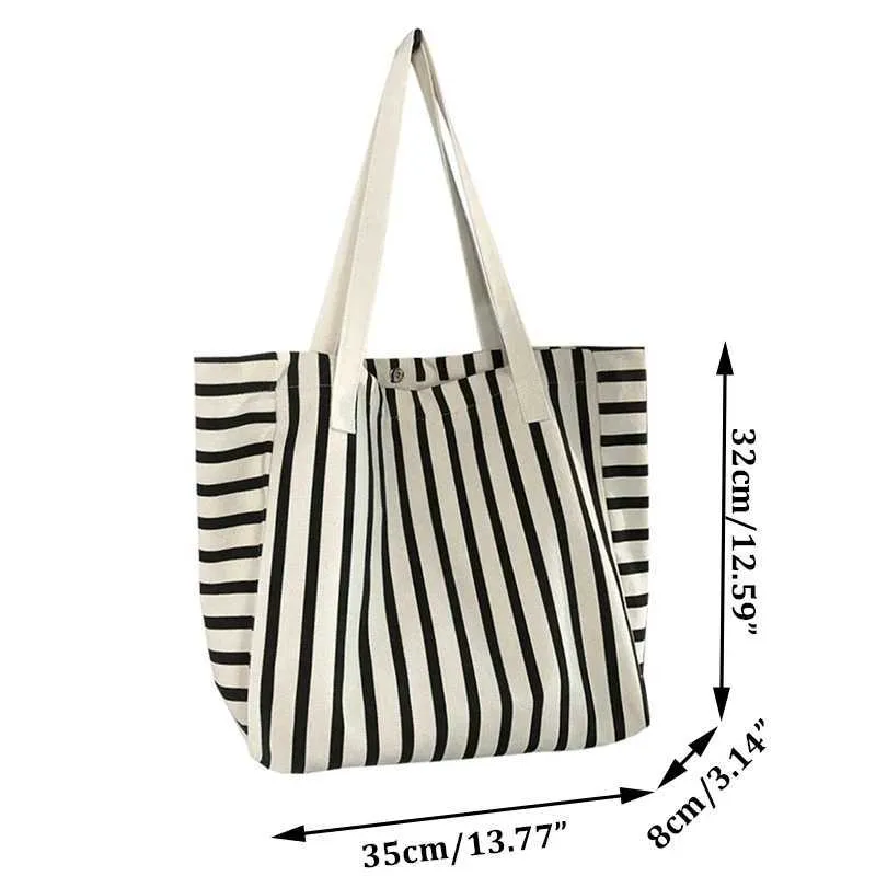 New Beach Handbag Fi Wen Canvas Summer Large Capacity Strip Shopping Bag Y241109_voghion.com